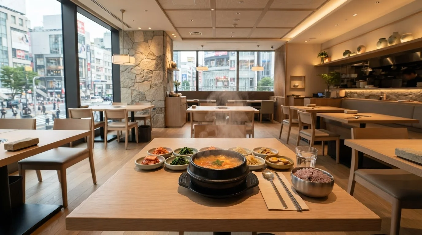 桌席整齐排列的韩国料理店内全景