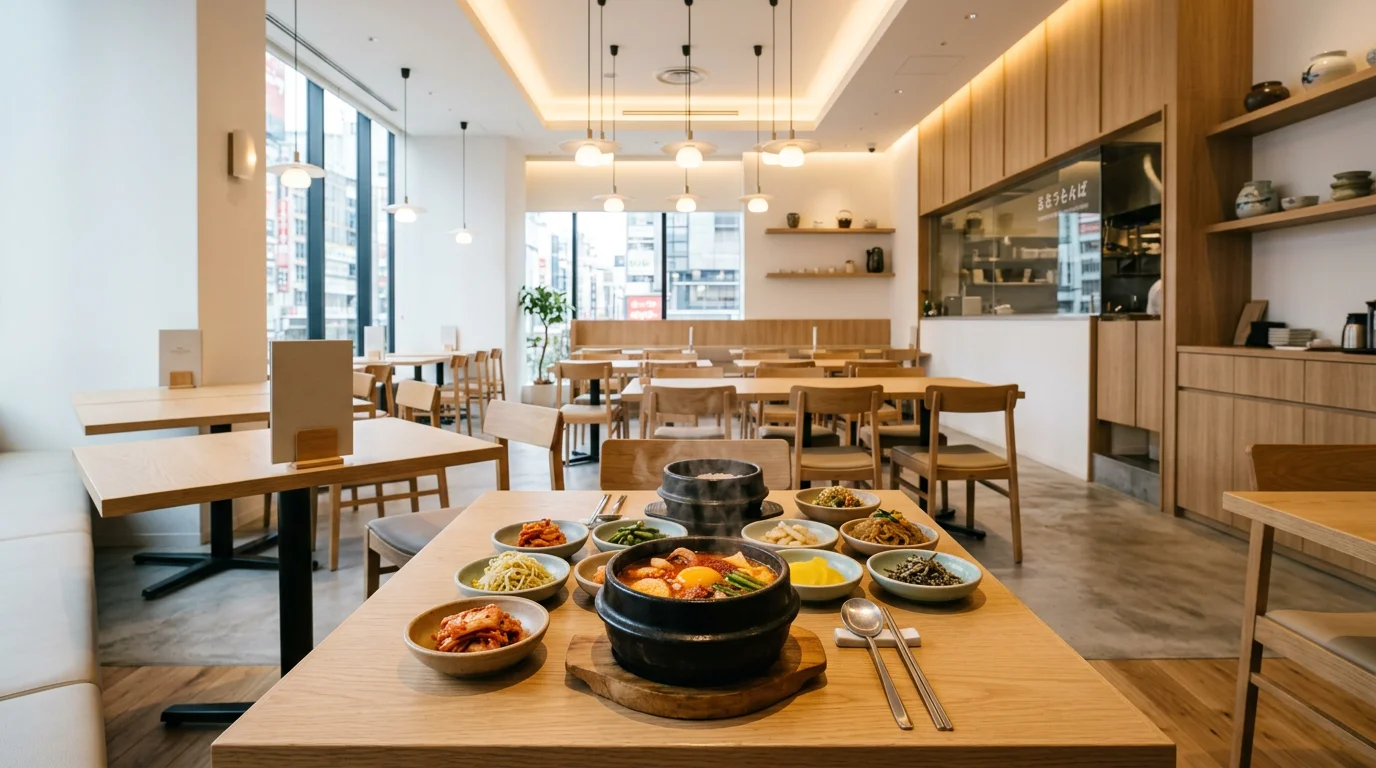 テーブル席が整然と並ぶ韓国料理スランジェ渋谷ヒカリエ店の店内